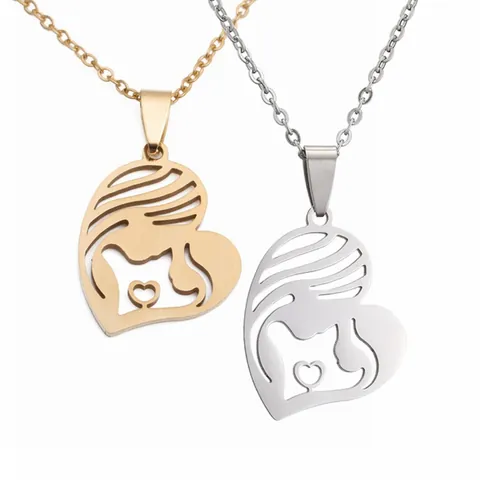 Stainless Steel Heart Mother Child Silhouette Family Pendant Necklace Minimalist Fashion Jewelry Mother Day Gift For Women