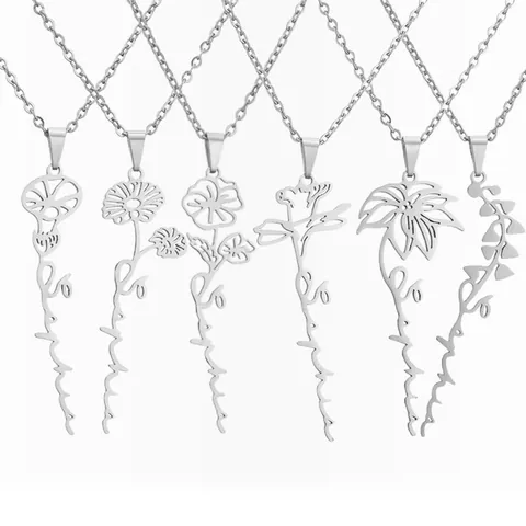 Collana con Ciondolo Fiore di Nascita in Acciaio Inossidabile per Donna Collana Lettera Traforata Botanica Floreale Minimalista Regalo Gioielli