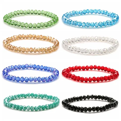 Multicolor 6MM Faceted Crystal Glass Beaded Bracelet With Rhinestone Alloy Spacers Shiny Elastic Hand String Jewelry For Women