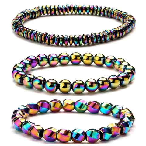 Bracelet Perles Hématite Magnétique Arc-en-ciel Irisé Élastique Pierre Guérison Bijoux Unisexe Style Punk