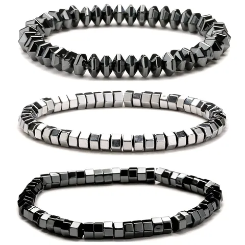 Bracelet de Perles Magnétique en Hématite pour Hommes Femmes Bijoux en Pierre Élastique Guérison Perles Géométriques Cube Rond Cylindre Cadeau
