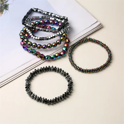Bracelet Perles Hématite Magnétique Arc-en-ciel Irisé Élastique Pierre Guérison Bijoux Unisexe Style Punk
