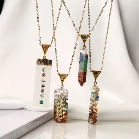 Rectangular Natural Stone Resin Pendant Necklace Flower Of Life 7 Chakra Orgonite Energy Healing Jewelry For Women