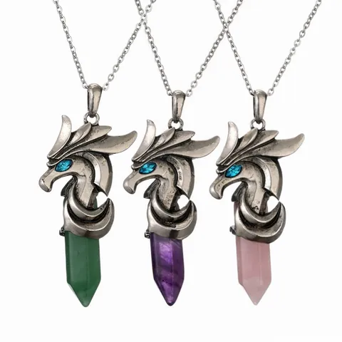 Drachenkopf Anhänger Halskette Retro Naturstein Sechskant Kristall Säule Legierung Kupfer Gothic Fantasy Schmuck Unisex