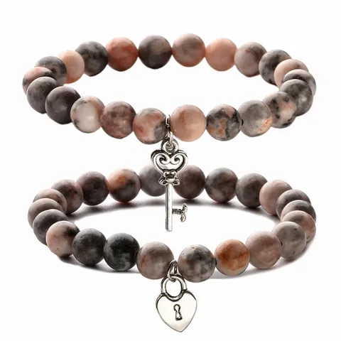 Natuursteen Roze Zebra Kralen Armband Met Hartslot Sleutel Hanger Voor Koppels Vrouwen Mannen Vintage Handgemaakte Sieraden Armband Cadeau