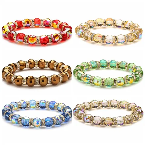 Facettiertes Glas Kristall Perlenarmband Glänzende Erdperlen Mit Strass Zwischenperlen Elastischer Schmuck Für Damen
