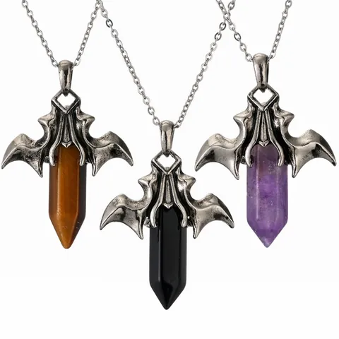 Gothisch Fledermausflügel Hexagonal Kristallpunkt Anhänger Halskette Vintage Kupfer Stein Schmuck Mit Edelstahlkette Für Halloween