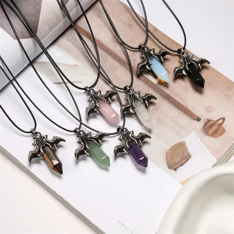 Gothic Bat Pendant Necklace Copper Alloy Natural Crystal Hexagonal Column Stone Vintage Jewelry For Men Women Halloween