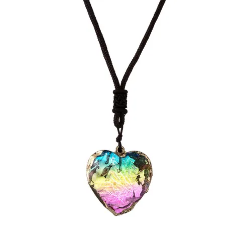 Bohemian Rainbow Crystal Heart Star Pendant Necklace Retro Copper Alloy Glass Stone Jewelry With Dark Brown Woven Cord