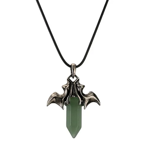 Gothic Bat Pendant Necklace Copper Alloy Natural Crystal Hexagonal Column Stone Vintage Jewelry For Men Women Halloween