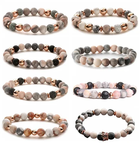 Handgefertigt Naturstein Perlenarmband Lavastein Aromatherapie Diffusor Rosa Zebra Jaspis Krone Herz Schlüssel Anhänger Schmuck