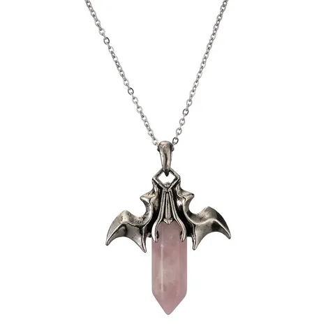 Bat Wing Pendant Necklace Natural Hexagonal Pillar Crystal Stone Copper Alloy Gothic Retro Jewelry For Women Men