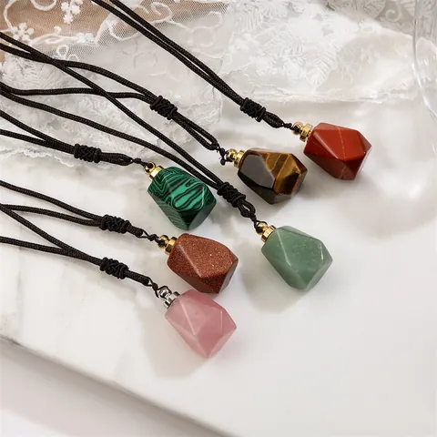 Natural Stone Essential Oil Perfume Bottle Pendant Necklace Braided Rope Literary Retro Geometric Copper Jewelry For Unisex