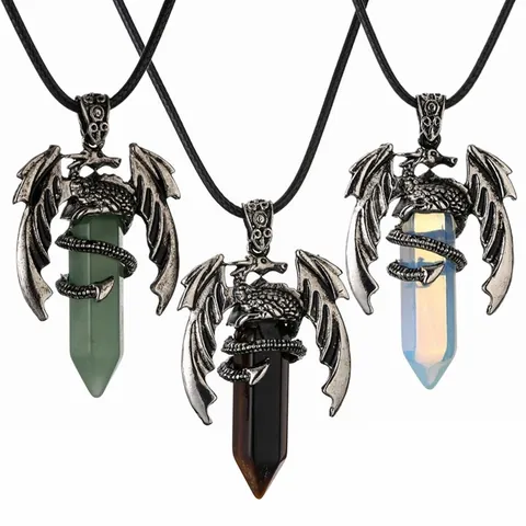 Collana con Pendente a Pilastro di Cristallo Esagonale Avvolto da Drago Vintage Gioielli in Pietra Naturale Fantasy Gotica per Uomo Donna