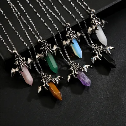 Bat Wing Pendant Necklace Natural Hexagonal Pillar Crystal Stone Copper Alloy Gothic Retro Jewelry For Women Men