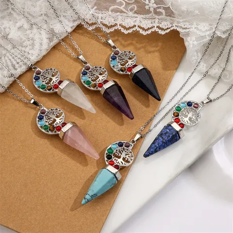 Tree Of Life Pendant Necklace Stainless Steel Chain Chakra Healing Crystal Point Hexagonal Stone Yoga Jewelry For Women