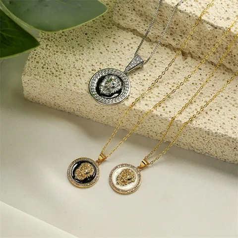 Löwenkopf Anhänger Halskette Kupfer Vergoldet Rund Emaille Rhinestone Tier Stil Hip Hop Schmuck Für Männer