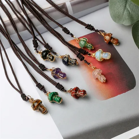 Mushroom Pendant Necklace Natural Crystal Stone Handmade Wire Wrapped Braided Rope Adjustable Vintage Jewelry Women Men
