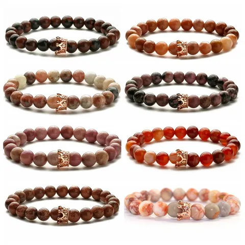 Natural Stone Beaded Bracelet With Rose Gold Alloy Crown Charm Elastic Stretch Retro Jewelry Gift For Men Women