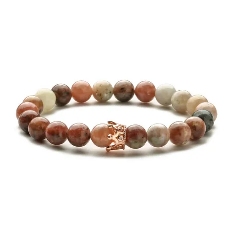 Natural Stone Beaded Bracelet With Rose Gold Alloy Crown Charm Elastic Stretch Retro Jewelry Gift For Men Women