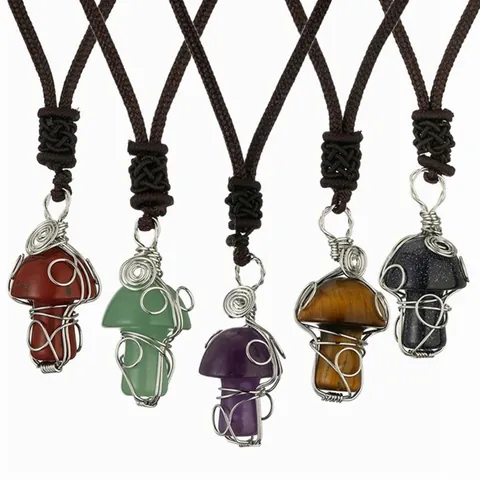 Handmade Wire Wrapped Mushroom Pendant Necklace Natural Gemstone Crystal Stone Woven Rope Jewelry For Women Men