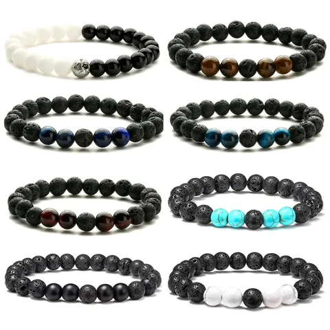 Bracelet en Perles de Pierre de Lave Naturelle et Oeil de Tigre Bracelet de Roche de Lave Énergétique Fait Main Bijoux pour Hommes Femmes