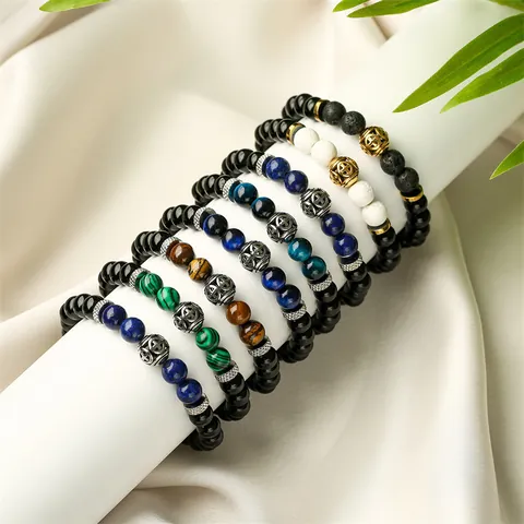 Bracelet Perles Croix Évidée en Pierre Naturelle Acier Inoxydable Œil de Tigre Pierre de Lave Agate Bracelet Élastique Homme Femme Bijoux
