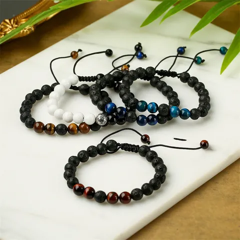 Bracelet en Perles de Pierre de Lave Naturelle Oeil de Tigre Agate pour Hommes Femmes Corde Tressée Réglable Bijoux de Guérison