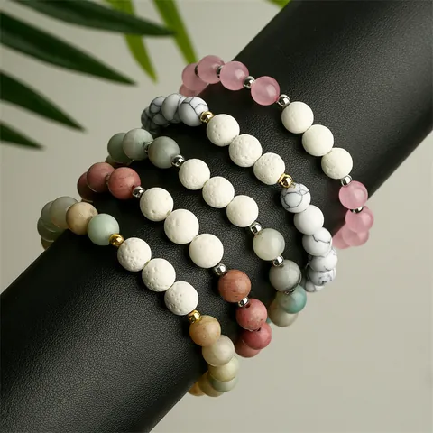 Natural Stone Beaded Bracelet Lava Volcanic Rock Stainless Steel Spacer Beads Healing Yoga Unisex Jewelry