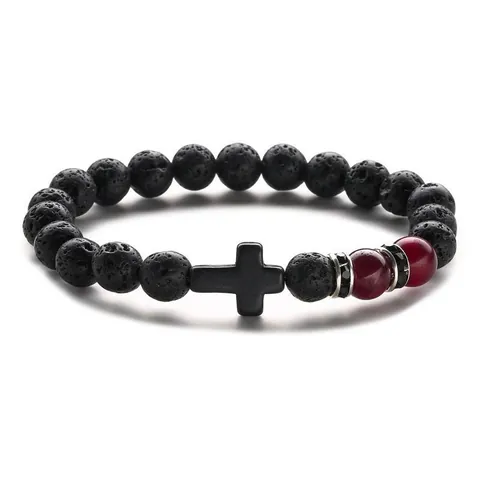 Beaded Bracelet Natural Lava Stone Tiger Eye Matte Agate Cross Elastic Ethnic Jewelry For Men Unisex
