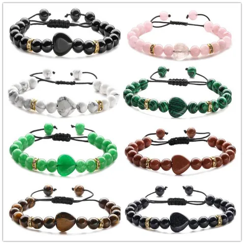 Bracelet En Perles De Pierre Naturelle En Forme De Cœur Oeil De Tigre Agate Malachite Cordon Tressé Réglable Unisexe