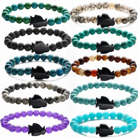 Natural Stone Agate Tiger Eye Beaded Bracelet Blue Sandstone Penguin Fish Pendant Elastic Yoga Bracelet For Men Women Jewelry