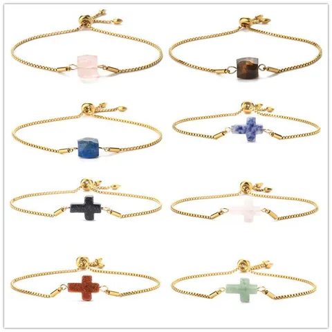Minimalist Stainless Steel Box Chain Bracelet Natural Stone Cross Square Charm Adjustable Bolo Clasp Jewelry For Women