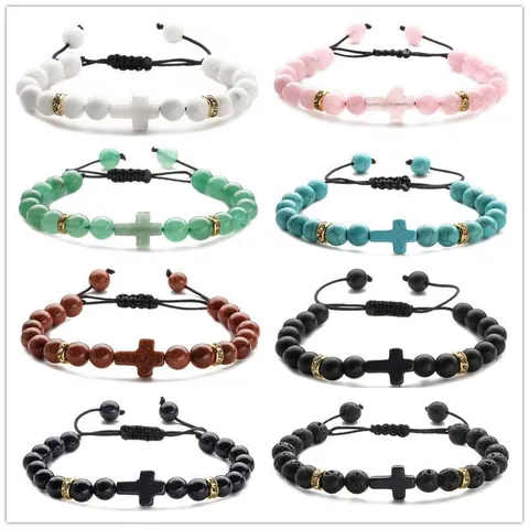 Natural Stone Beaded Bracelet With Cross Charm Adjustable Braided Rope Lava Rock Rose Quartz Jewelry For Men Women
