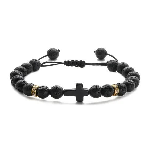 Natural Stone Beaded Bracelet With Cross Charm Adjustable Braided Rope Lava Rock Rose Quartz Jewelry For Men Women