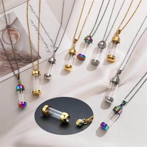 Openable Perfume Bottle Pendant Necklace Stainless Steel Glass Cylindrical Greek Pattern Memorial Cremation Urn Keepsake