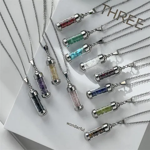 Edelstahl Parfümflasche Anhänger Halskette mit Bunten Natürlichen Bruchsteinen Amethyst Citrin Wunschflasche Schmuck