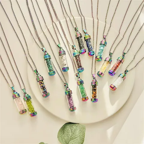 Perfume Bottle Pendant Necklace Stainless Steel Glass Rainbow Natural Stone Chips Openable Wishing Bottle Clavicle Chain