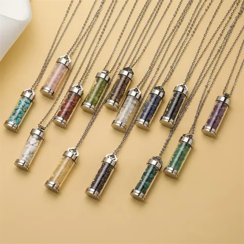 Stainless Steel Cylinder Perfume Bottle Pendant Necklace Natural Crushed Stone Wishing Bottle Openable Jewelry Gift Women Men