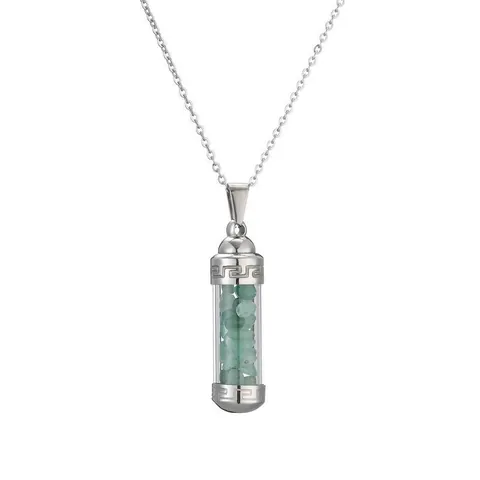 Stainless Steel Perfume Bottle Pendant Necklace With Natural Stone Chips Amethyst Rose Quartz Greek Key Pattern Jewelry For Men Women