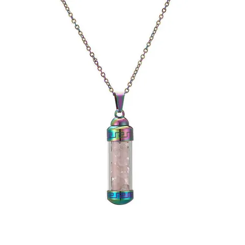Perfume Bottle Pendant Necklace Stainless Steel Glass Rainbow Natural Stone Chips Openable Wishing Bottle Clavicle Chain