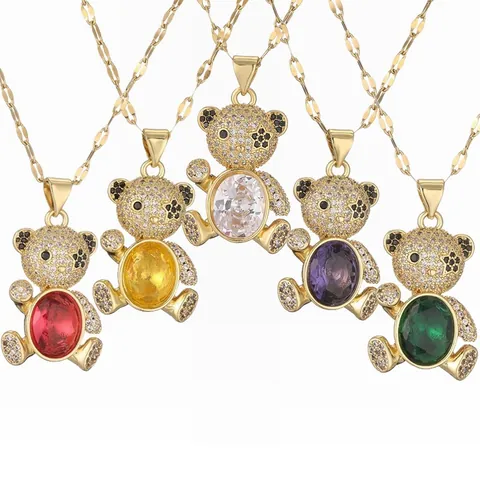 Cute Teddy Bear Pendant Necklace Copper Micro Pave Colorful Zircon Gemstone Stainless Steel Chain Jewelry For Women
