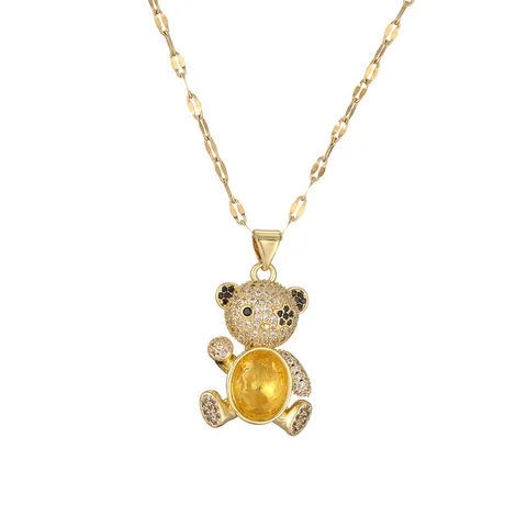 Cute Teddy Bear Pendant Necklace Copper Micro Pave Colorful Zircon Gemstone Stainless Steel Chain Jewelry For Women