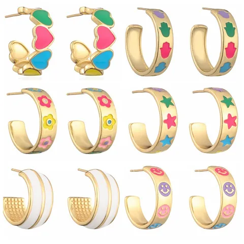 Bohemien Emaille C-vormige Oorknopjes Voor Vrouwen Verguld Koper Kleurrijke Boze Oog Hamsa Ster Hart Bloem Sieraden