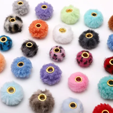 Faux Fur Pom-pom Beads With Large Metal Hole Polyester Soft Loose Beads For DIY Bracelet Necklace Phone Charm Making Accessories