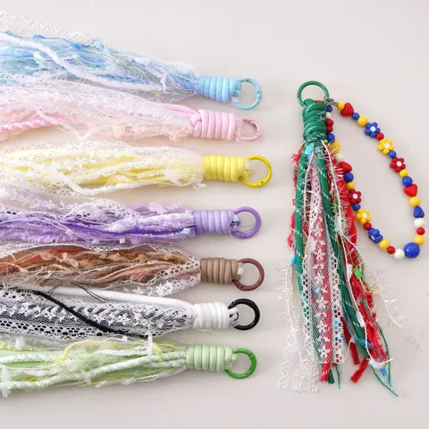 Handmade Lace Tassel Bag Charm Bohemian Braided Rope Floral Keychain Pendant For Women Handbag Backpack Accessories Decorative Gift