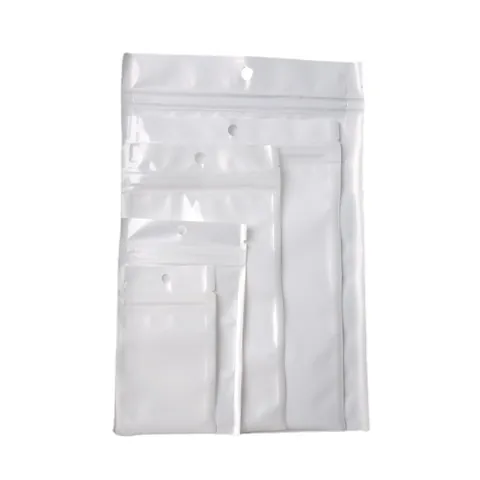 Sac d'Emballage de Bijoux en Film Perlé Blanc Pochette avec Fermeture Zip et Trou de Suspension pour Boucles d'Oreilles Collier