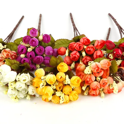 Satin Fabric Rose Buds Artificial Flower Bouquet For Home Decoration Wedding Party DIY Hair Accessories Craft Floral Material