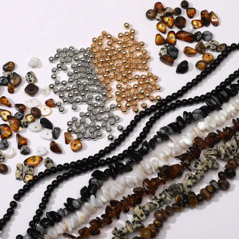 Natural Stone Crushed Loose Beads Mixed Glass Round Beads Metal Spacer Beads For DIY Jewelry Bracelet Necklace Making Material Kit