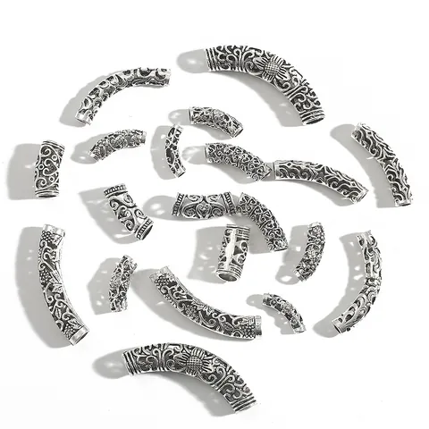 Antique Silver Alloy Hollow Curved Tube Spacer Beads Vintage Floral Carved DIY Jewelry Making Bracelet Necklace Connector Findings